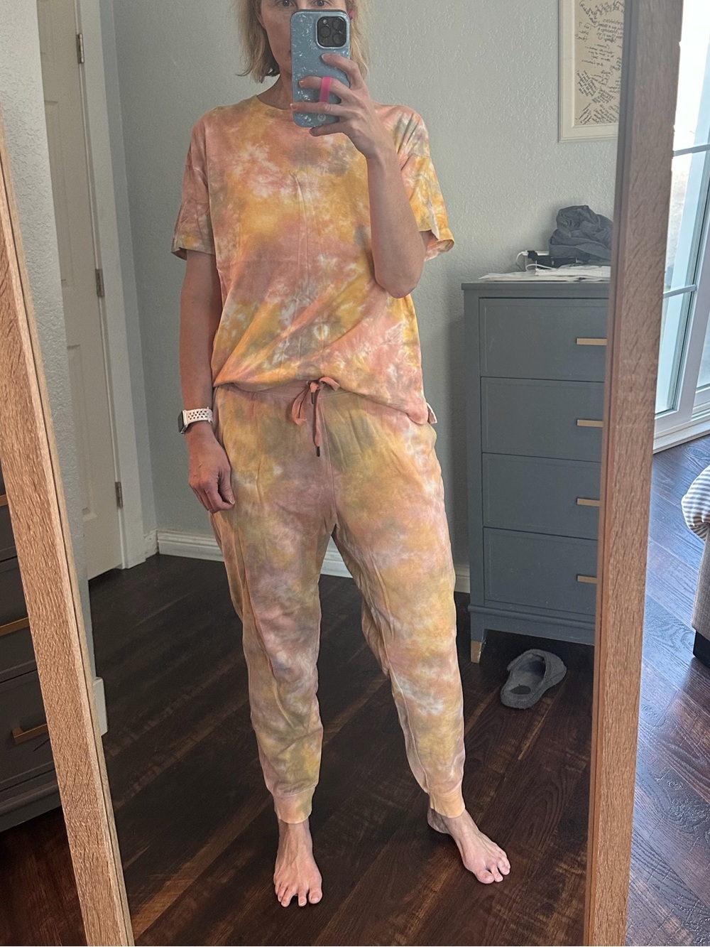 3 piece Tie-Dye sweatshirt, Short Sleeve Top & Jogger Set - Peach Multi